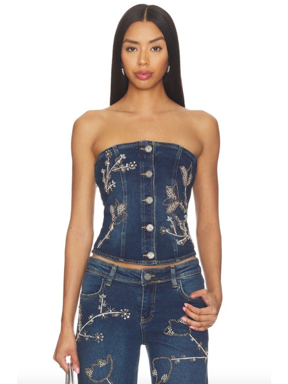OW Collection Nova Embellished Denim Matching Set Blue Womens Size 36 Small